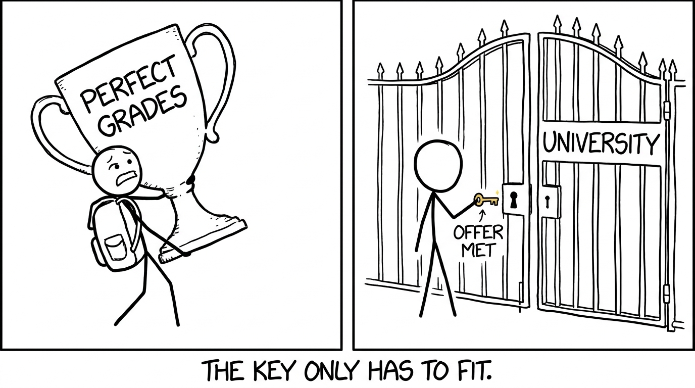 A small Offer Met key opening a university gate while a Perfect Grades trophy proves unnecessary