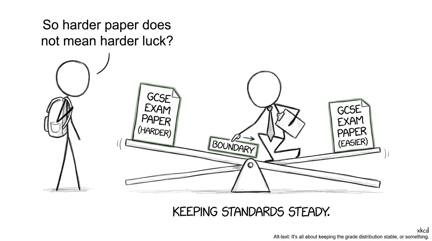 An examiner balances papers while keeping standards steady