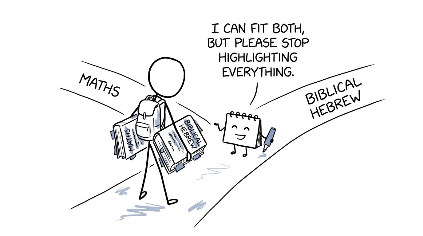 A student choosing between maths and Biblical Hebrew while a calendar asks for a realistic plan