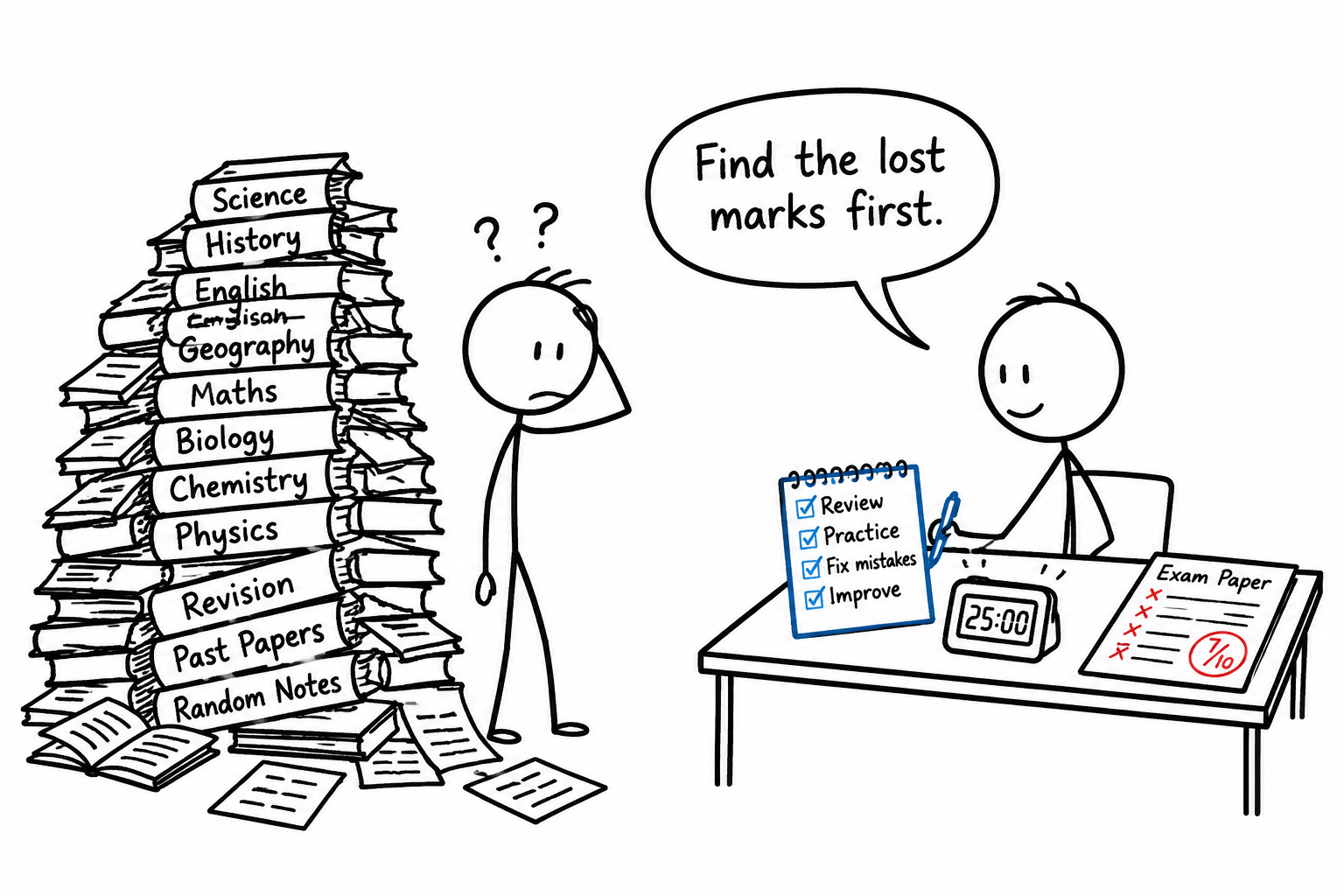 Stick figures compare random revision with a calm checklist and marked paper