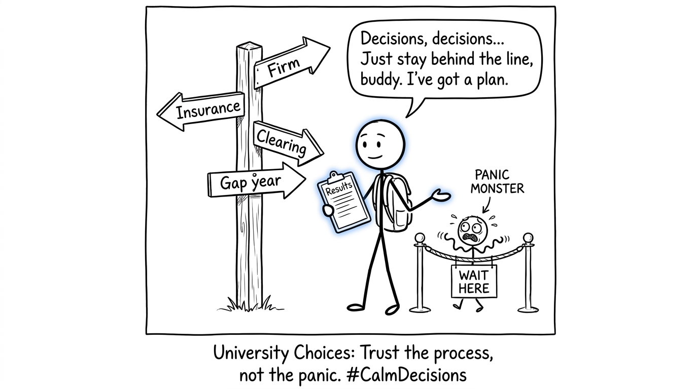 A student calmly choosing between firm, insurance, Clearing and a gap year while panic waits behind a barrier