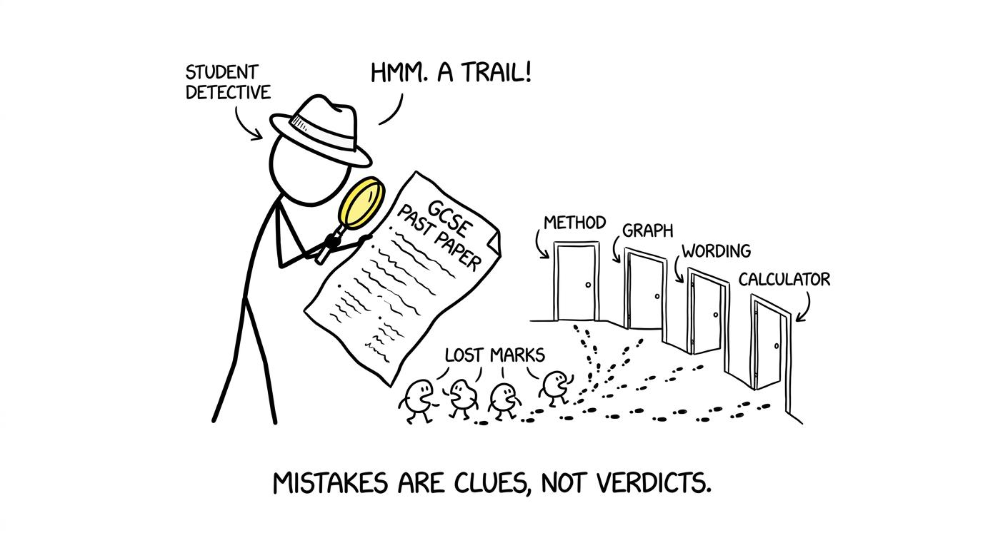 A student detective follows the footprints of lost marks towards different error categories