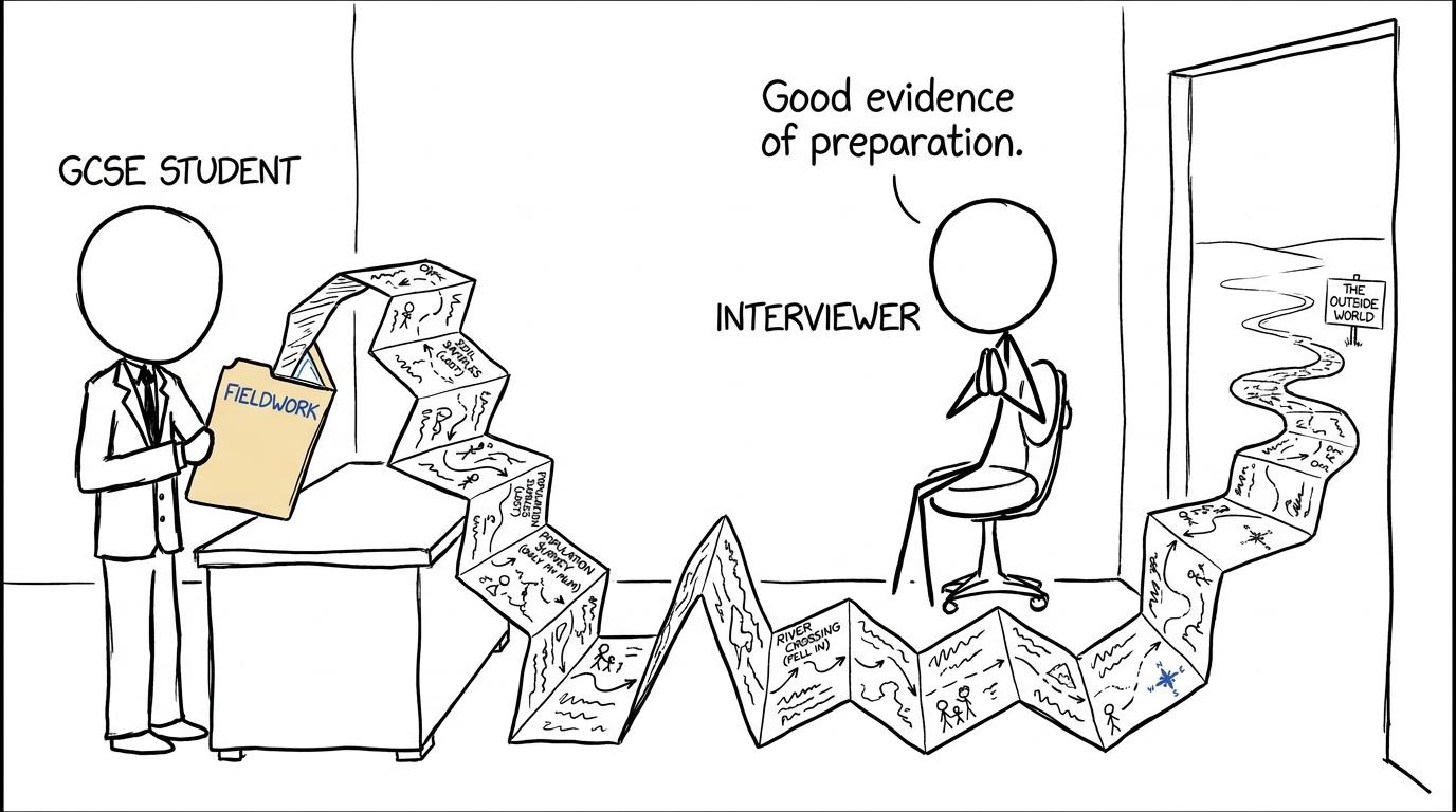 A geography fieldwork map unfolds dramatically across a job interview