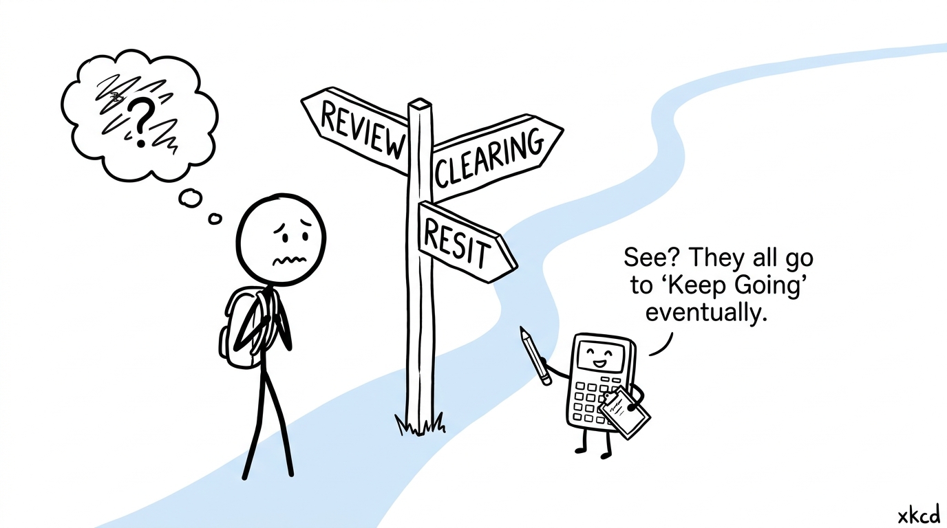 A student choosing calmly between a review, Clearing and a resit