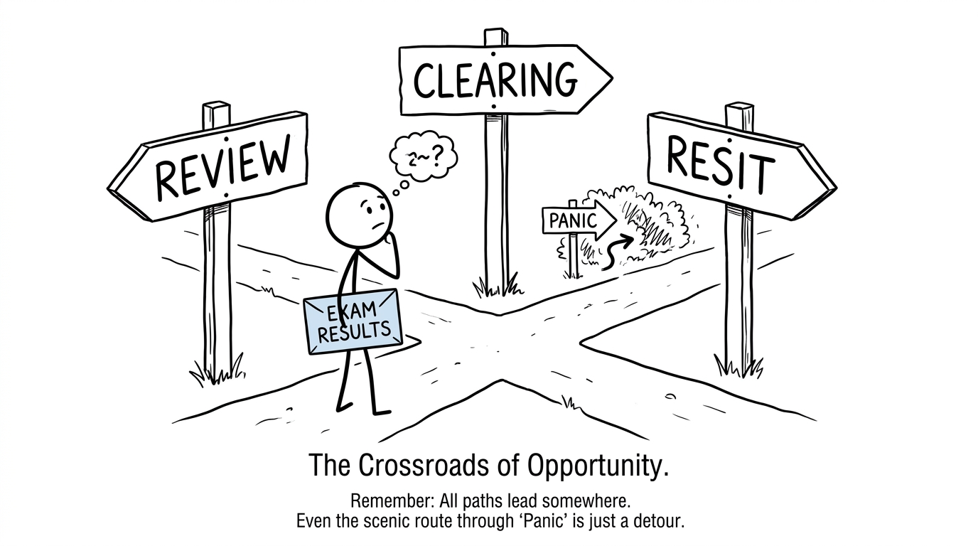 A student calmly choosing between review, Clearing and resit while ignoring the path marked panic