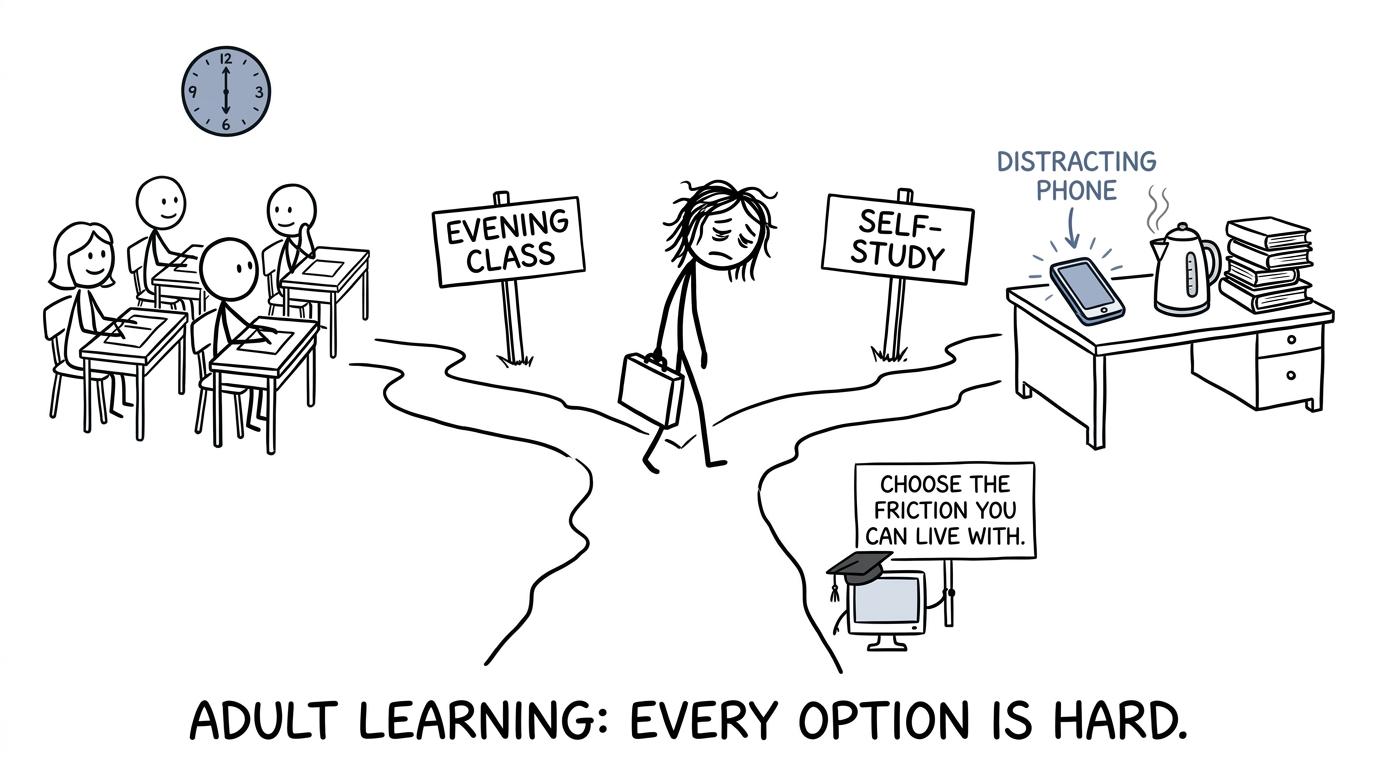 An adult learner choosing between an evening class and self-study