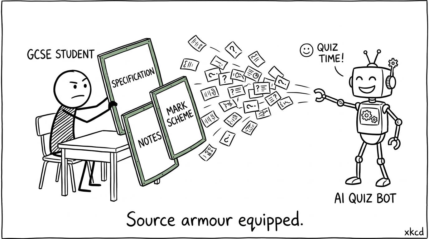 A student uses specification notes and a mark scheme as source armour