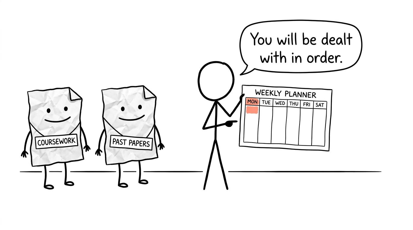 Two revision monsters wait politely while a student organises them with a weekly planner