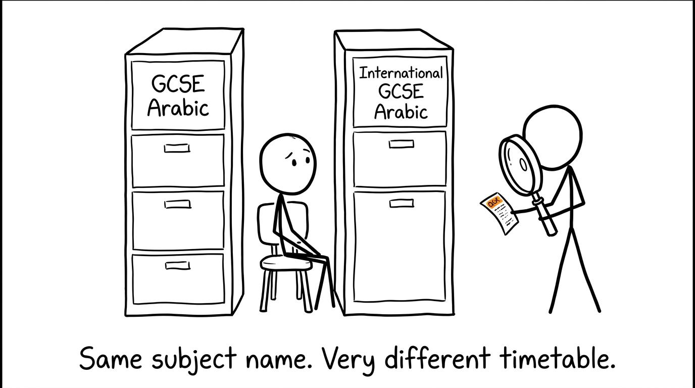 An exams officer checks the tiny qualification code hiding behind two similar Arabic course names