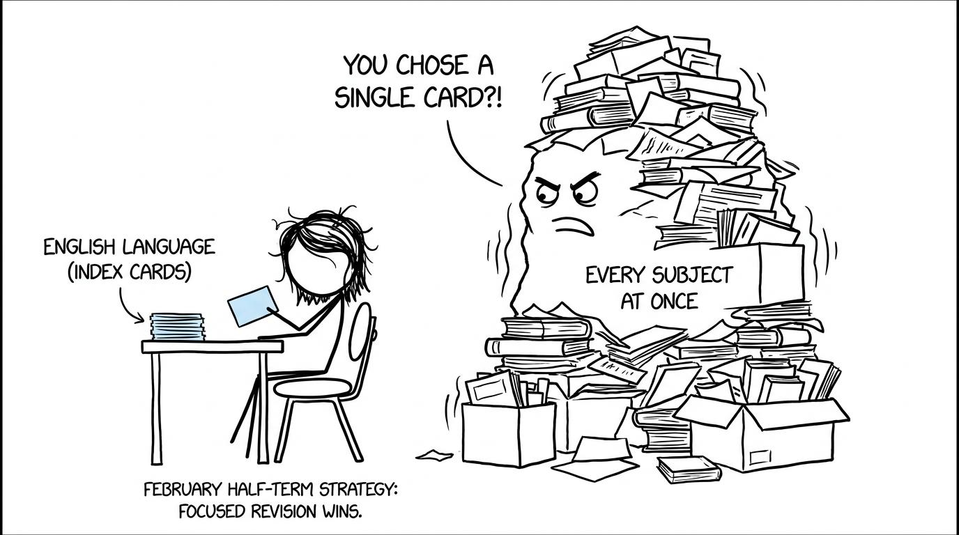 A student chooses one manageable revision task while an enormous pile labelled every subject at once looks offended