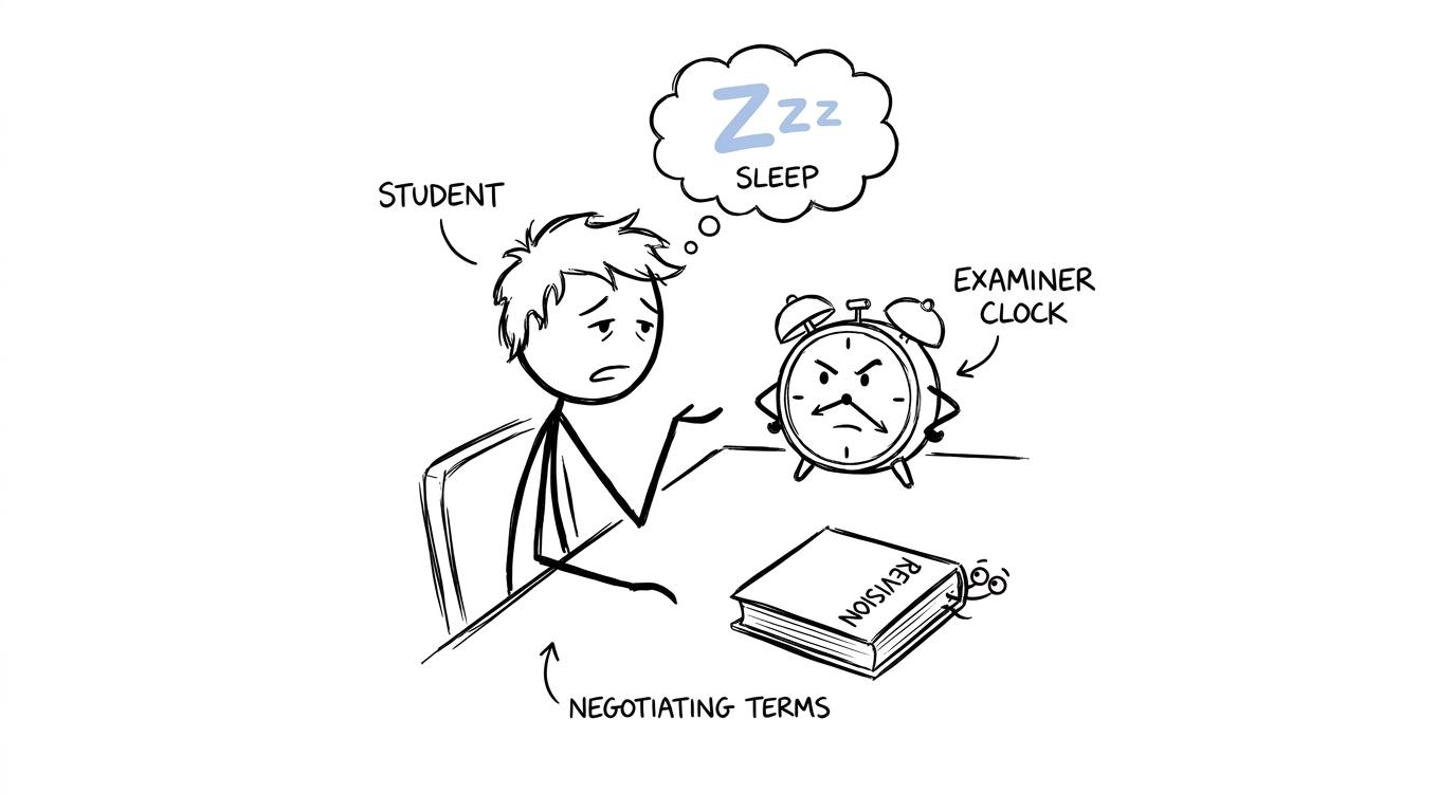 A tired student negotiating with an alarm clock over one more hour of revision