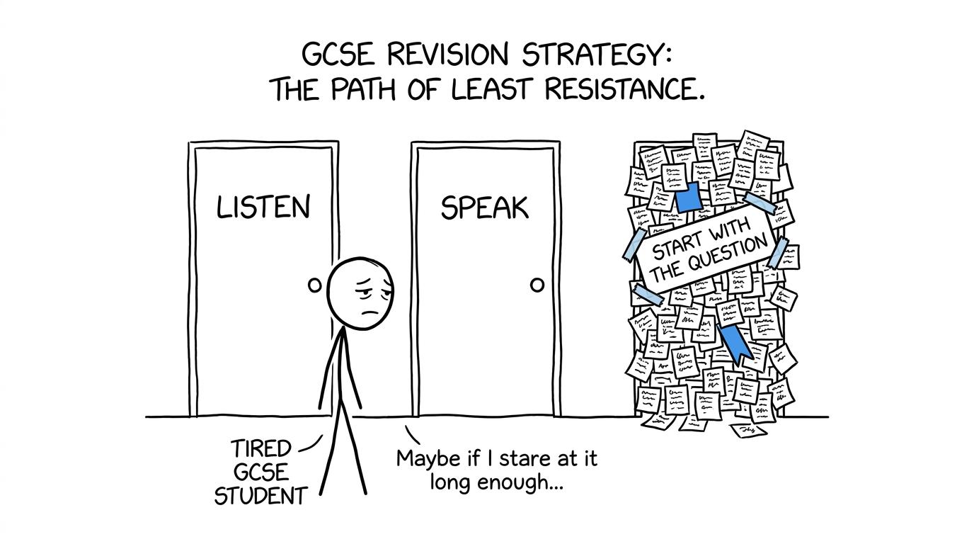 A student choosing the reading door in a GCSE language exam