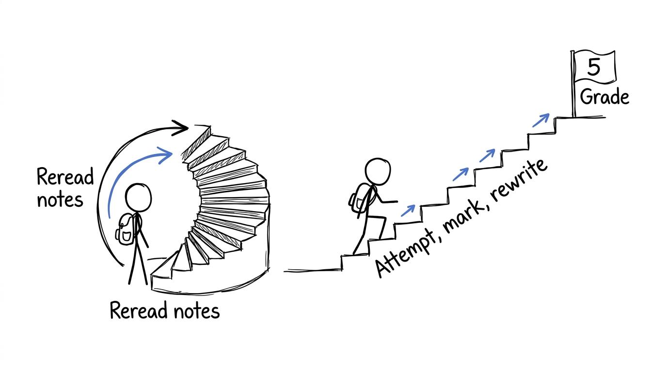 A looping staircase of rereading compared with a steady attempt, mark and rewrite route