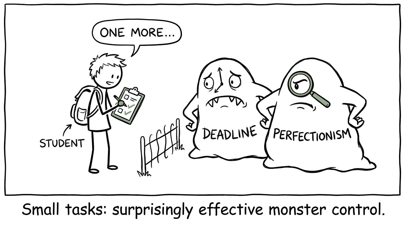 A checklist keeps the Deadline and Perfectionism monsters under control
