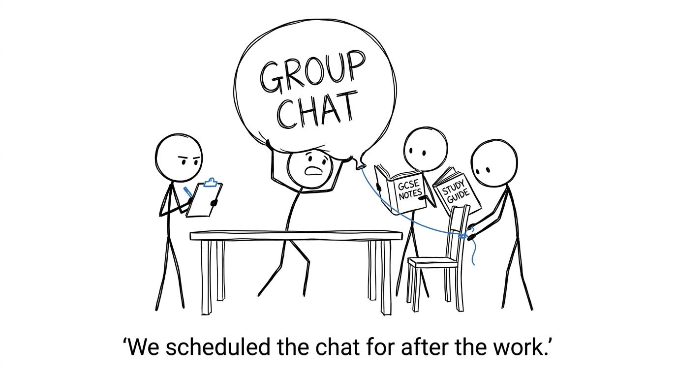 A study group ties down a distracting group chat balloon before opening revision books