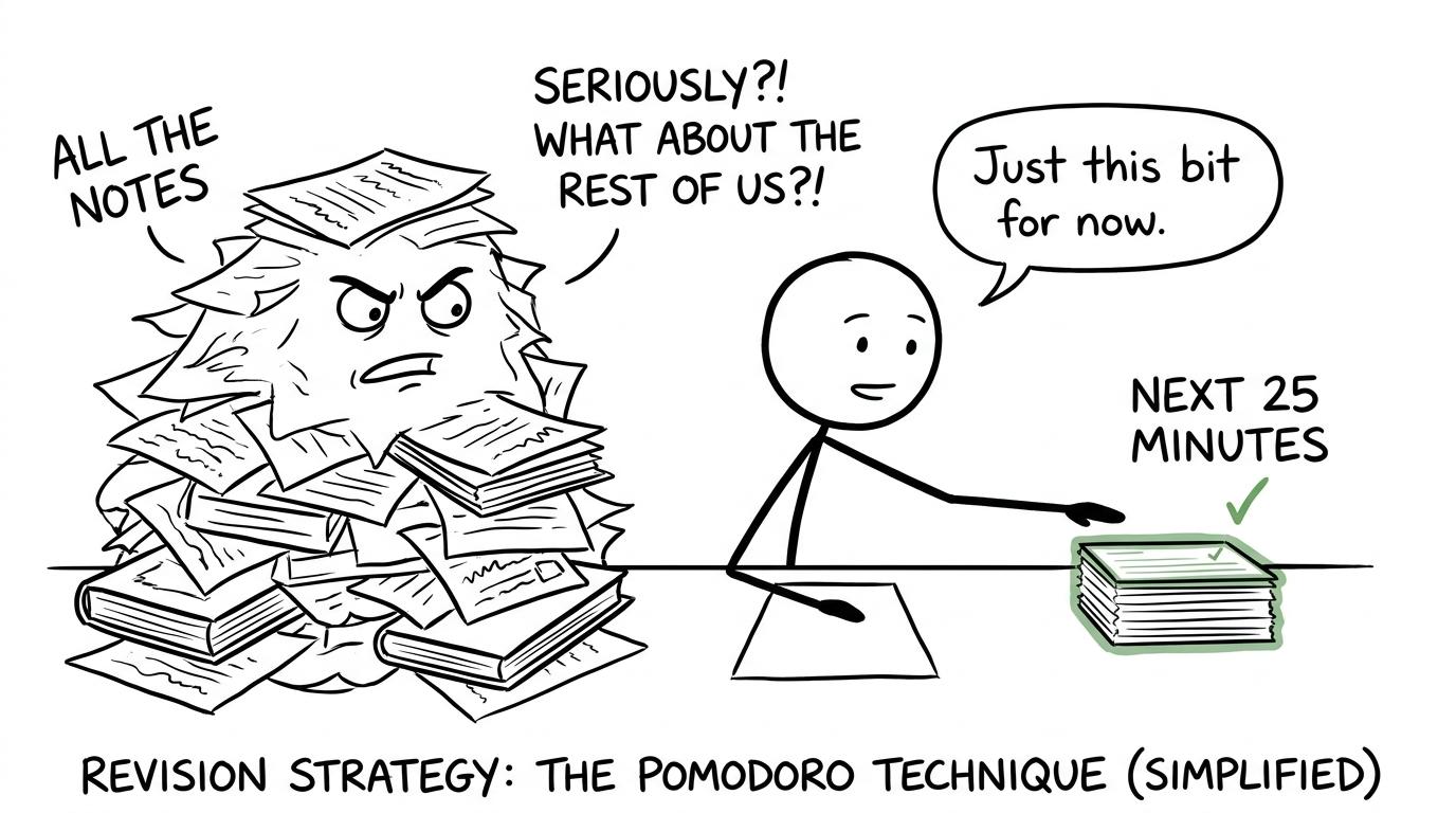 A student chooses the next short revision session instead of the enormous pile