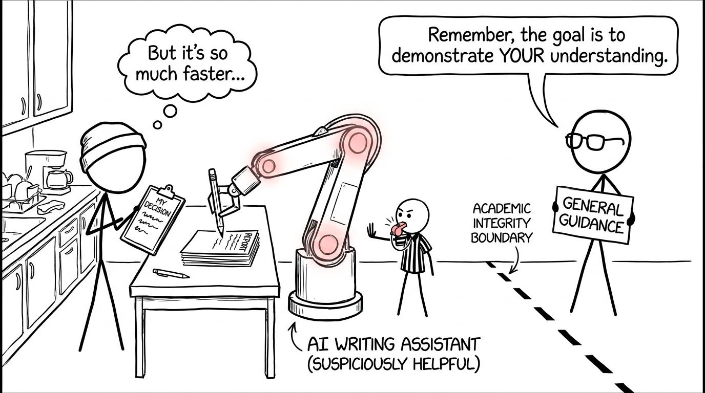 A teacher offers general guidance while a robot tries to write the coursework