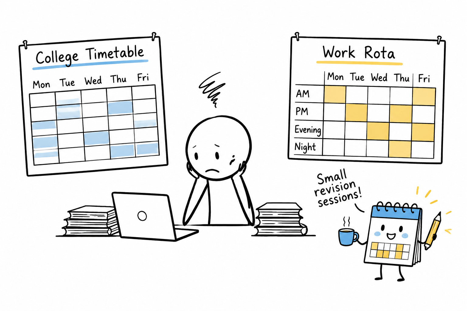 A busy student negotiates with a college timetable, work rota and cheerful revision calendar