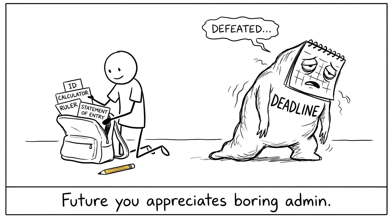 A prepared student packing examination equipment while a deadline monster retreats