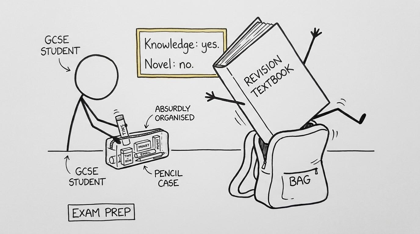 An over-organised pencil case refuses to pack a revision textbook