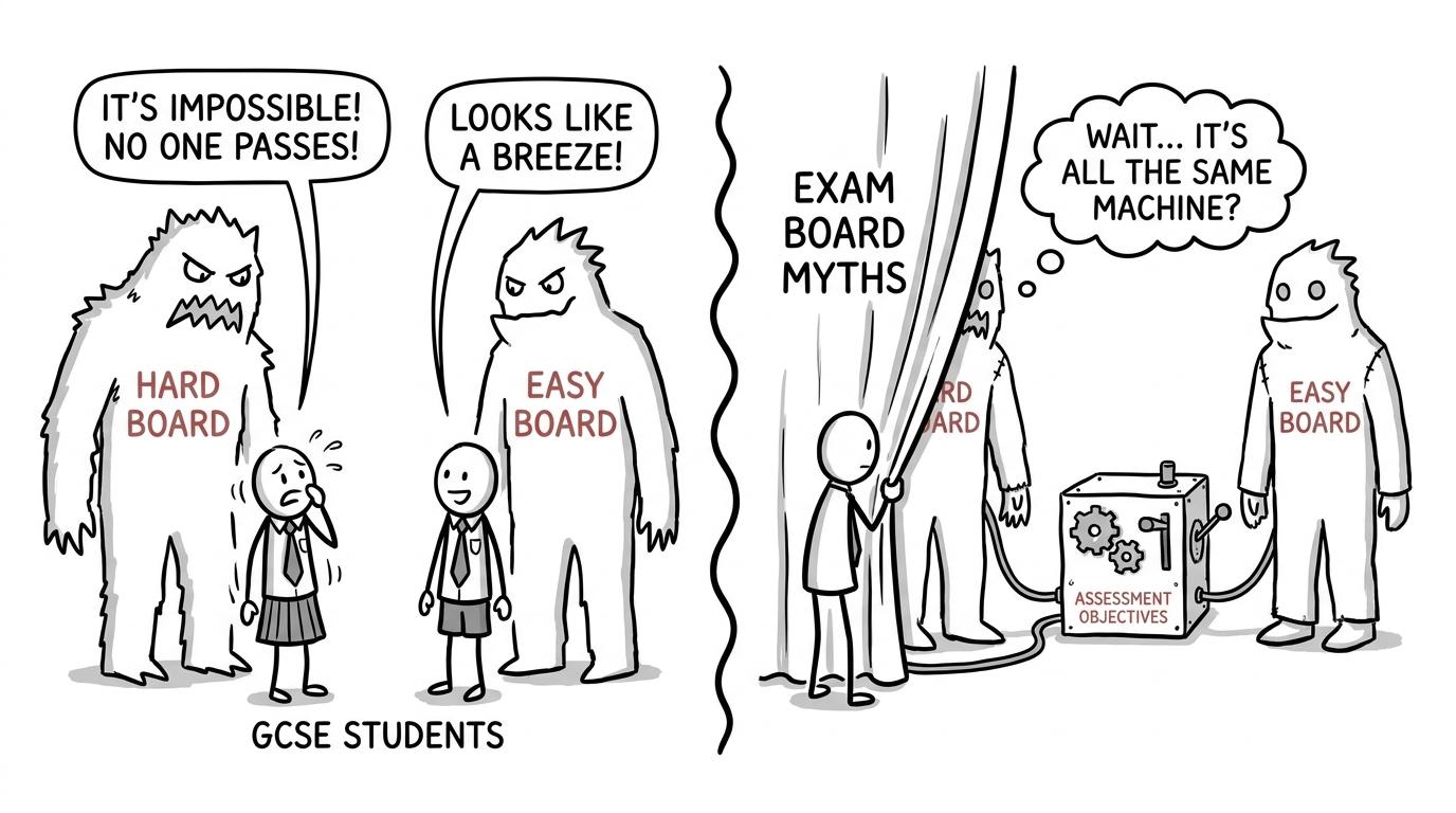 Two imaginary easy and hard exam-board monsters are secretly operated by assessment objectives