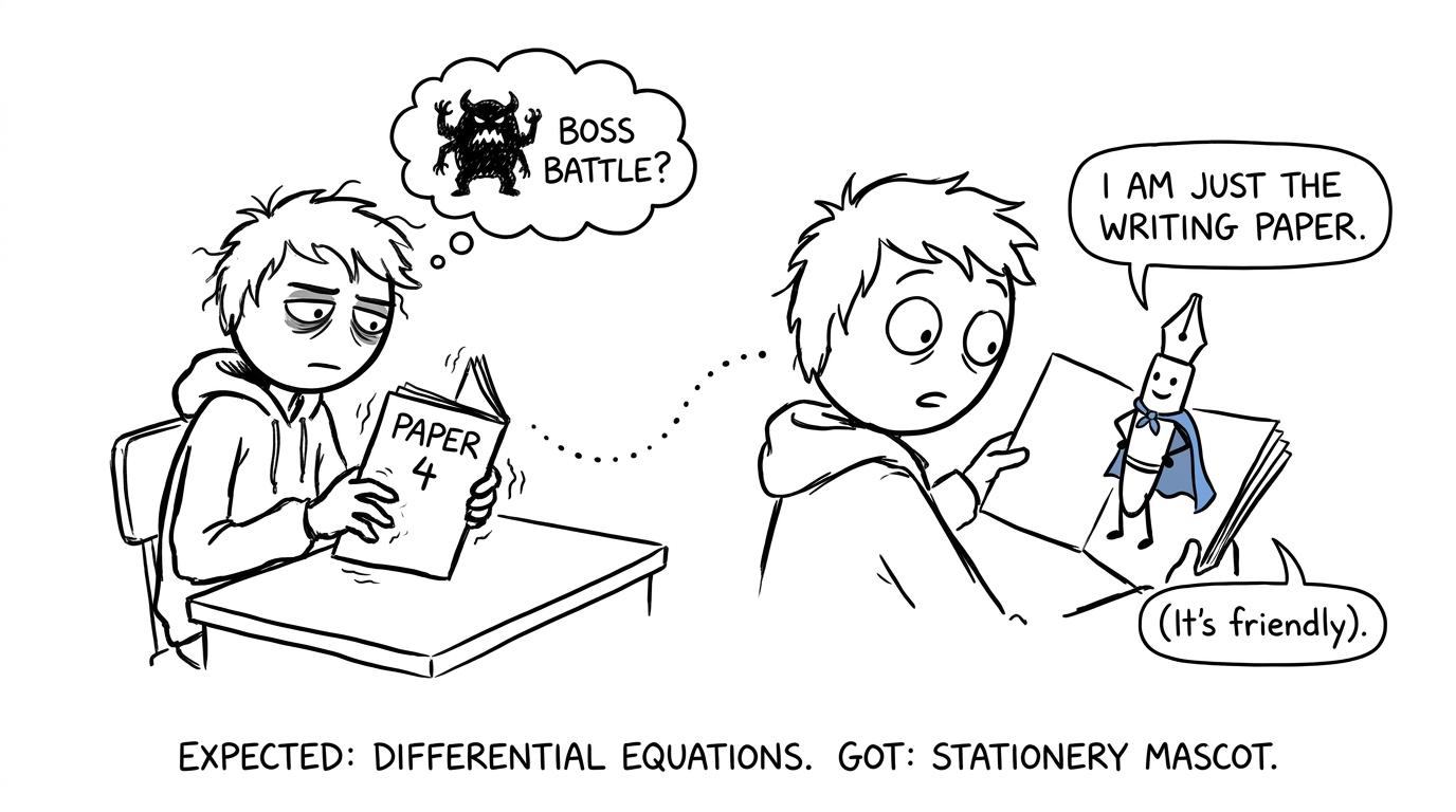A student discovers that Paper 4 is the writing paper rather than an exam boss battle