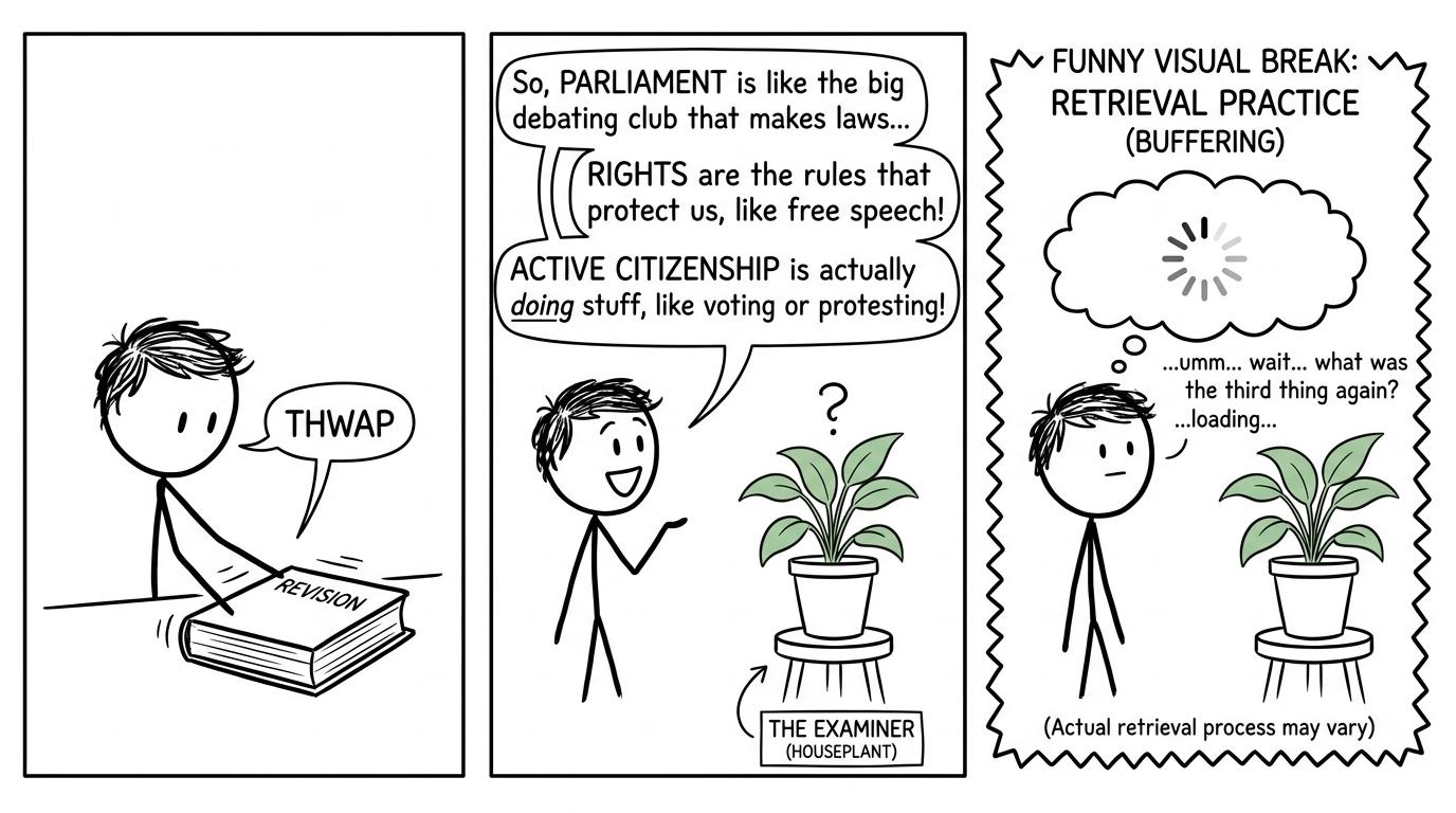 A student explains Citizenship Studies to a highly attentive houseplant