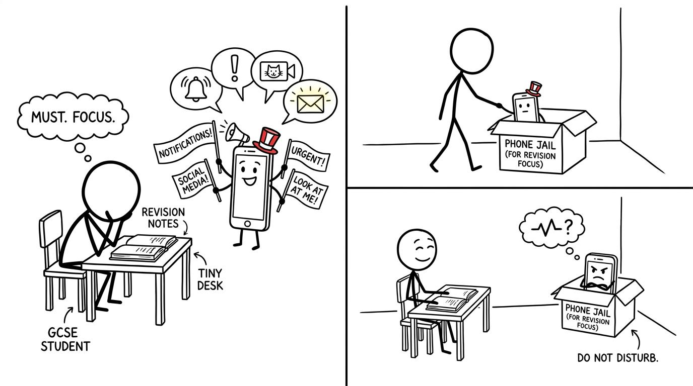 A phone tries to distract a student before being placed across the room