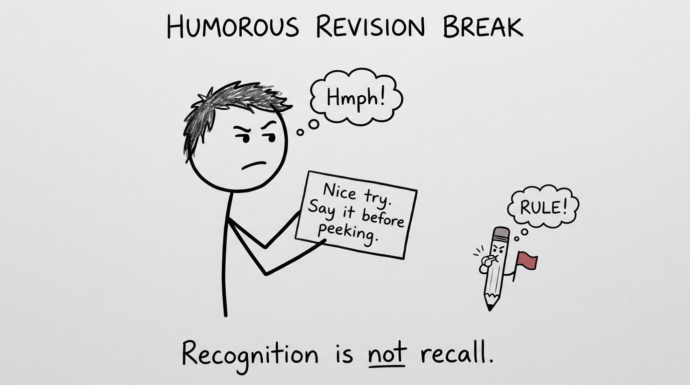 A flashcard and pencil reminding a student that recognition is not recall