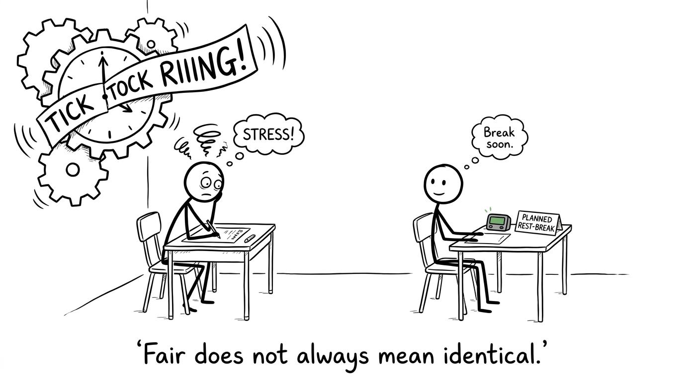 Two exam candidates illustrate that fair conditions need not be identical