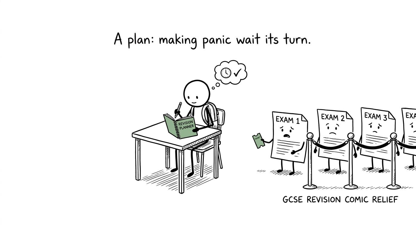 A calm student with a revision planner while exam papers wait politely in a queue