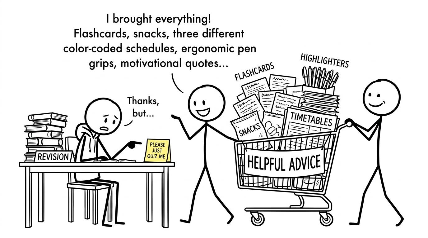 A parent brings an overflowing trolley of revision help while the student asks to be quizzed