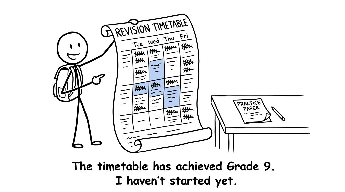 A student presents an impressive revision timetable while the practice paper waits