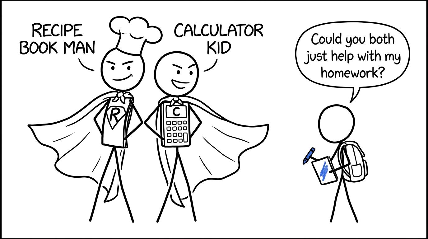 A recipe book and calculator reluctantly join forces to help with homework