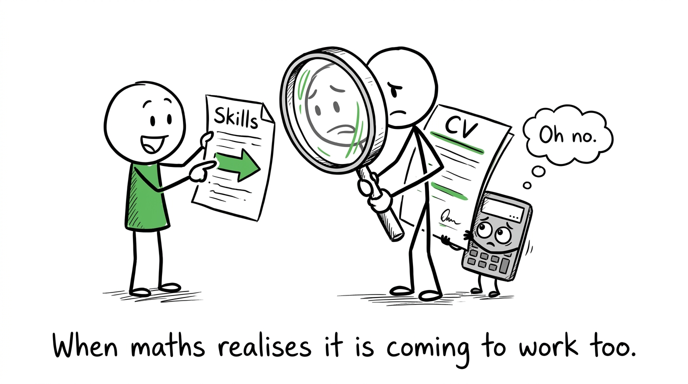 An employer inspecting skills while a calculator hides behind a CV