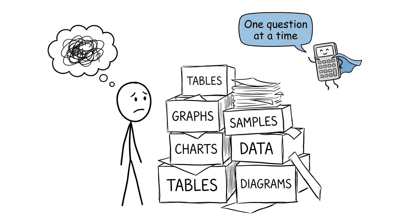 A nervous statistics student receives one-question-at-a-time advice from a calculator wearing a cape