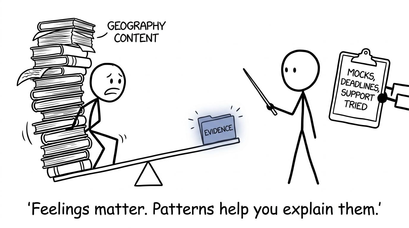 A student balancing Geography content against evidence from mocks and support