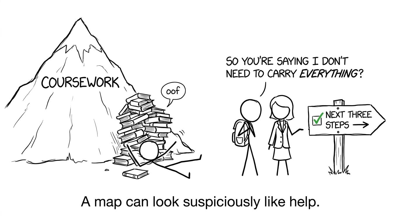 A coursework mountain becomes manageable when a teacher provides the next three steps