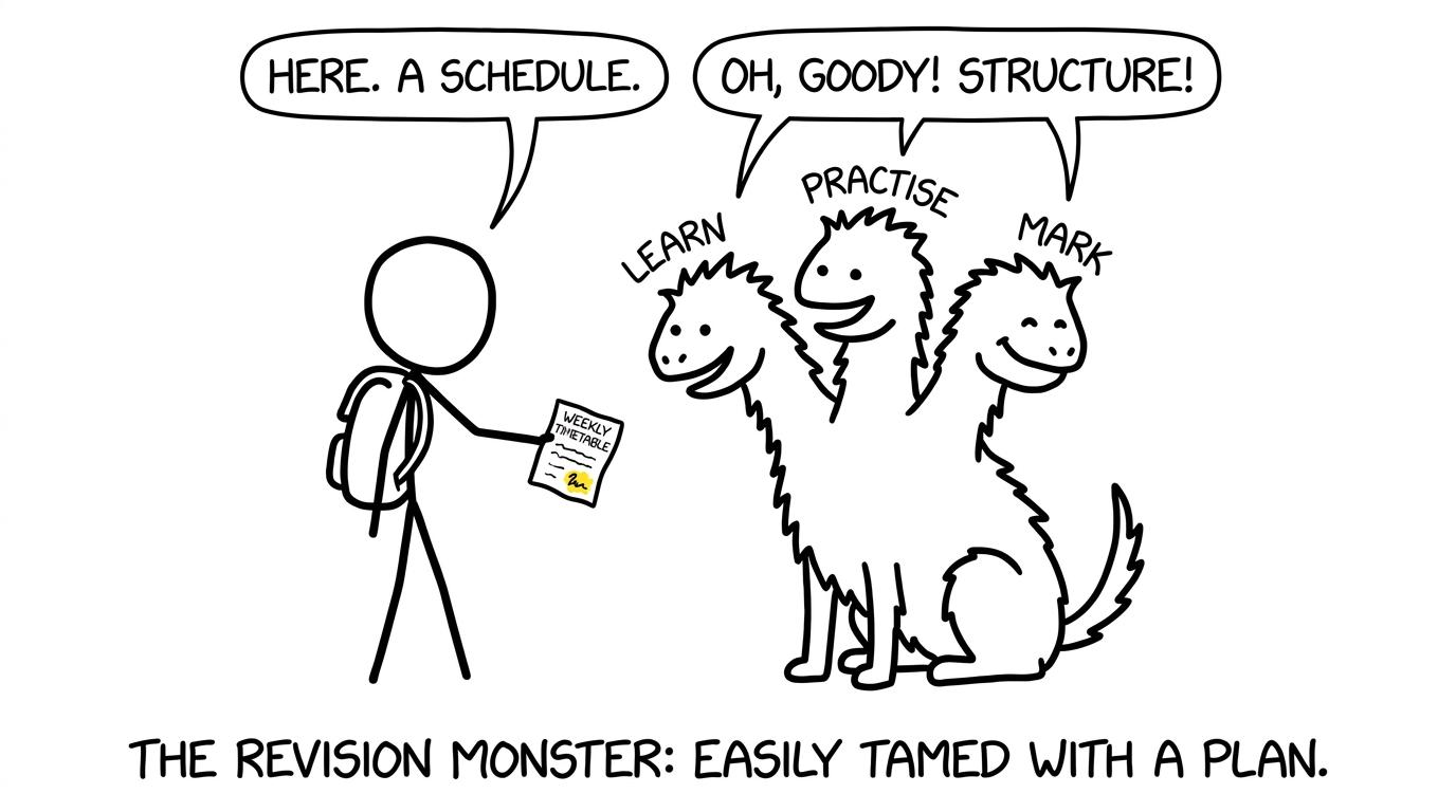 A revision monster becoming manageable when given a small weekly timetable