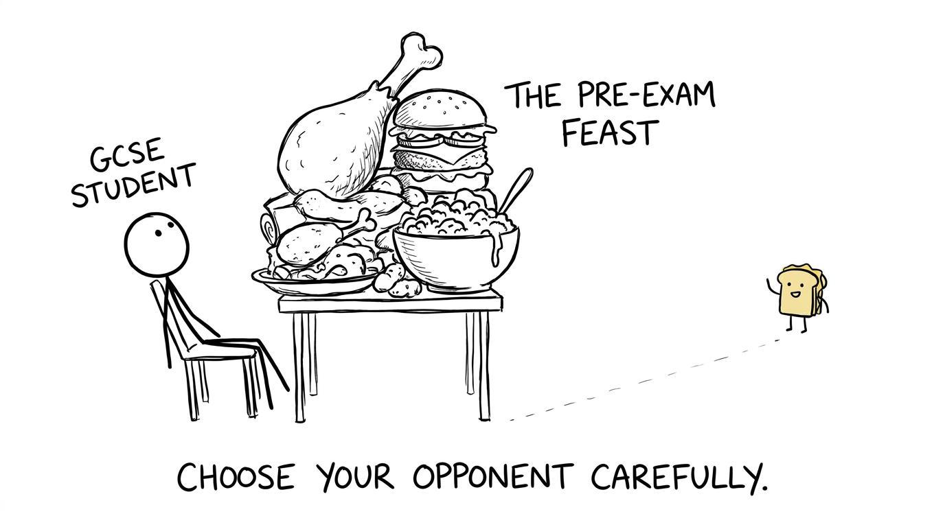 A student realises the enormous pre-exam lunch may be the real opponent