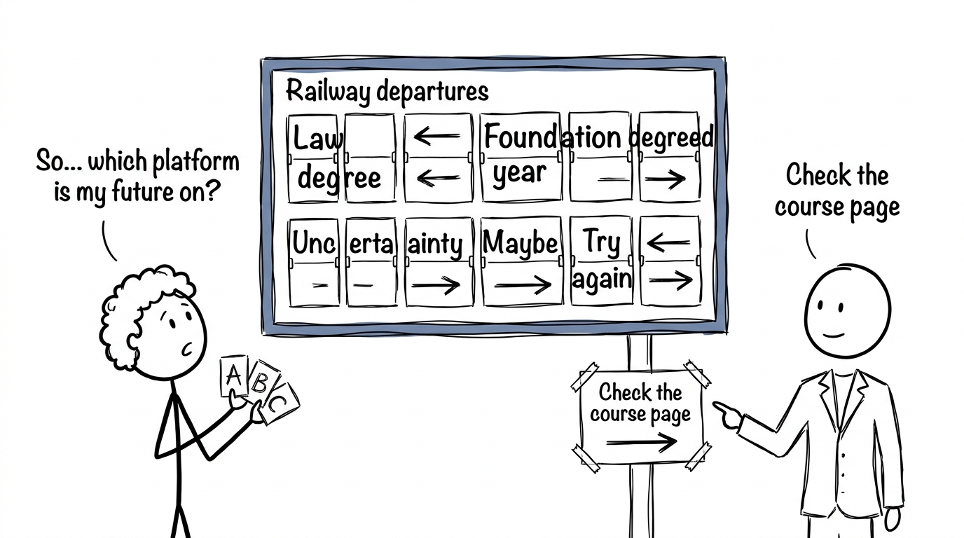 A student consulting a changing university departures board