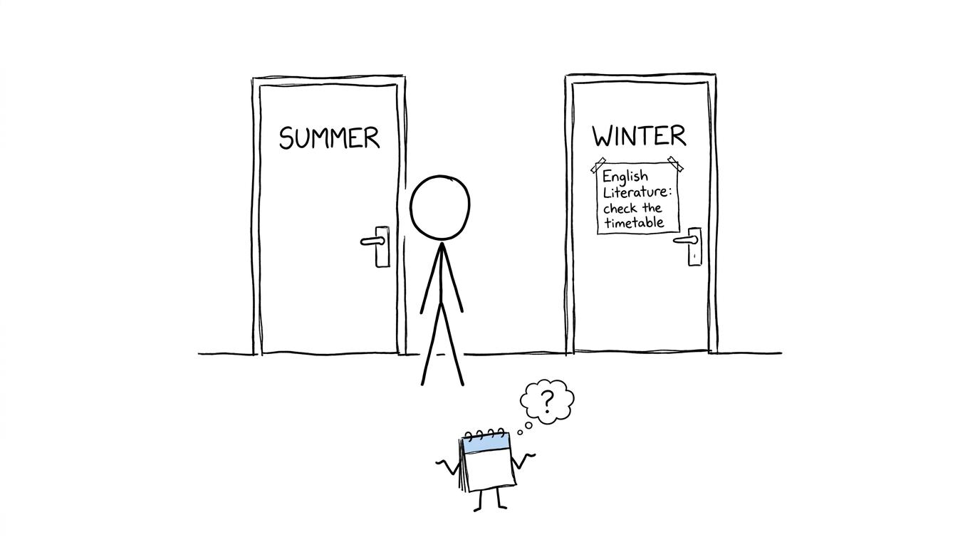 A student choosing between summer and winter exam doors while a calendar points to the timetable