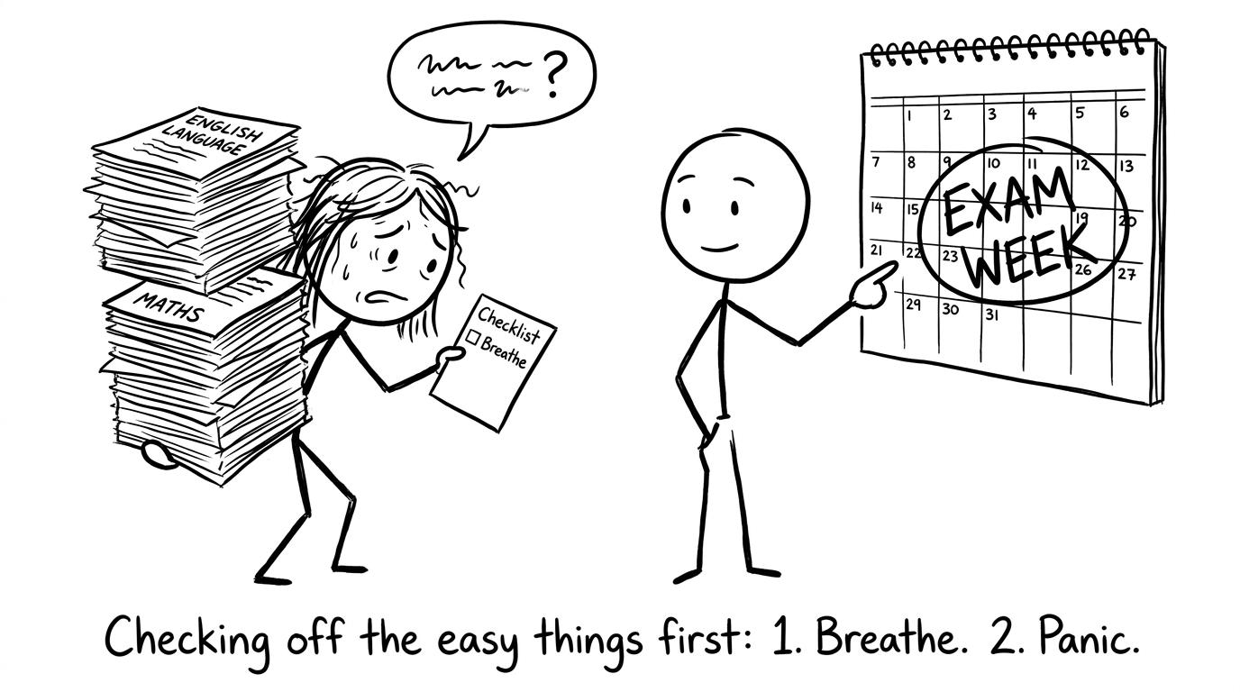 A stressed student with a tiny checklist labelled “Breathe”