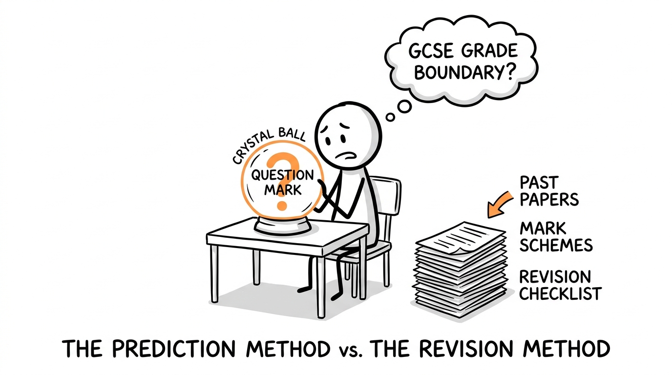 A crystal ball refuses to predict the next boundary while a useful pile of past papers waits nearby