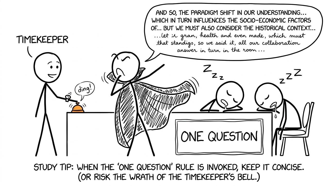 A timekeeper rescuing the group from an unnecessarily epic explanation
