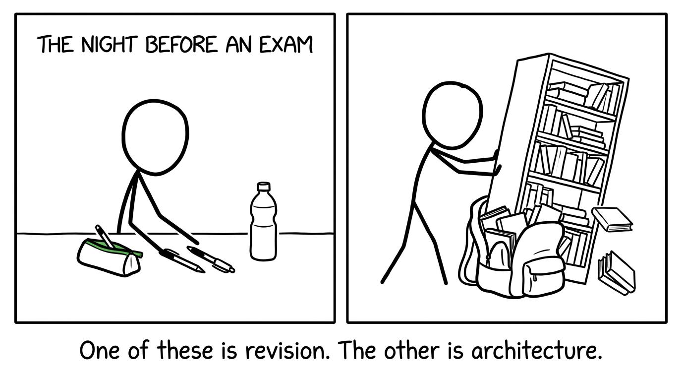 One student calmly packs while another attempts to fit a bookshelf into a bag