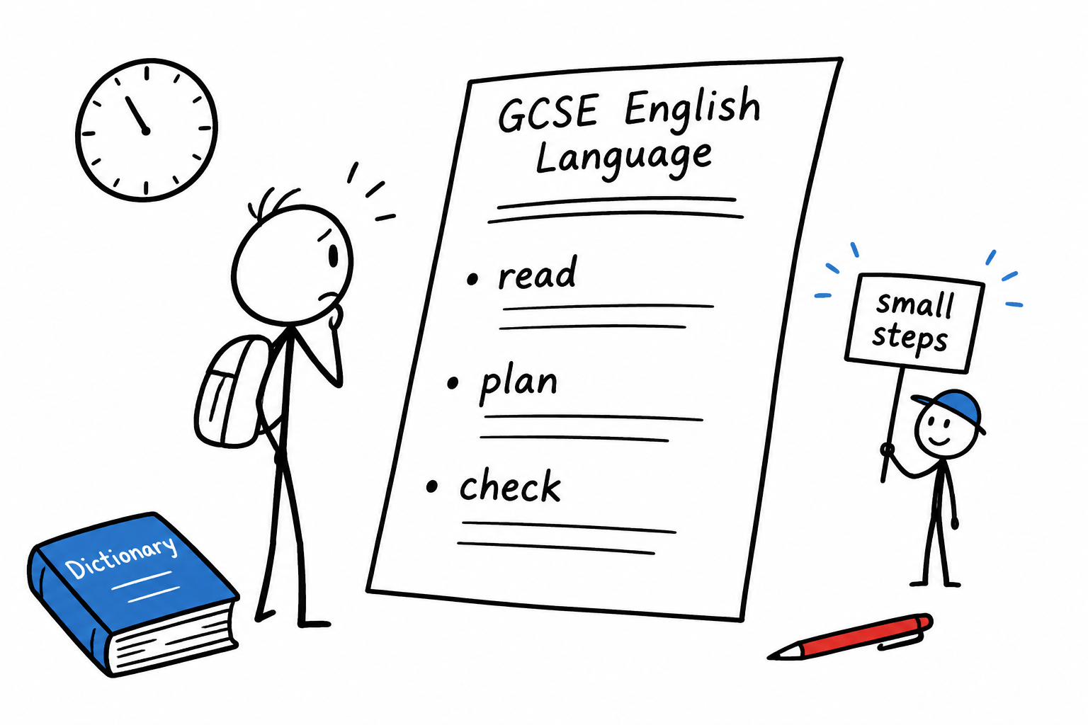 A stick-figure student facing an English exam with a calm reminder to read, plan and check