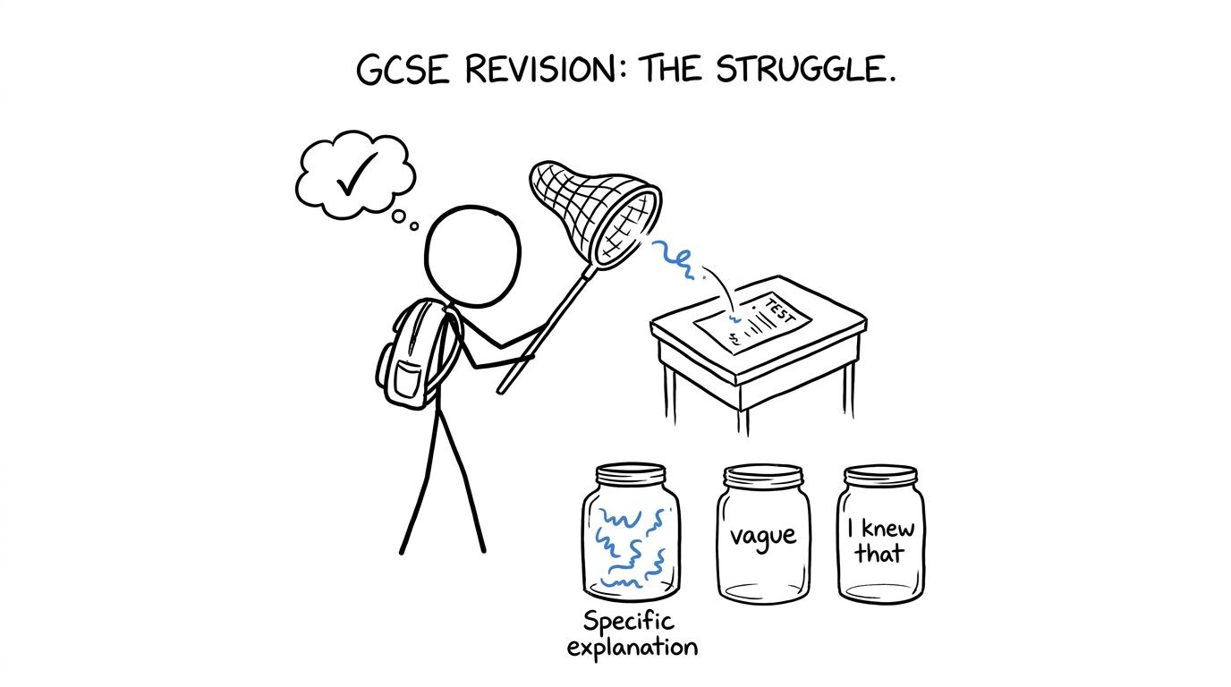 A student catching an escaping mark and storing it in a specific-explanation jar