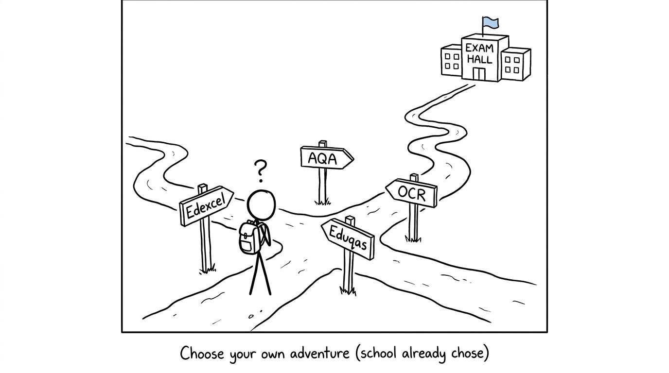 A GCSE student discovering that every exam-board path leads to an exam hall