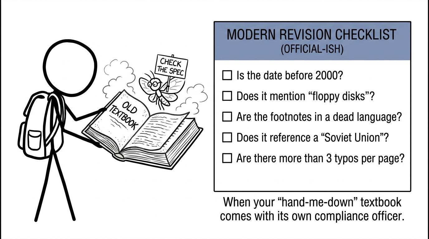 A student and a scholarly moth discover that an old textbook needs a specification check